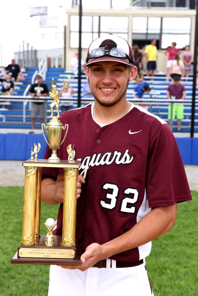 Garnet Valley's Ben Faso, seen here with the Barrett Game MVP trophy, was among the county leaders in most statistical categories this spring. (Courtesy Paul Bogosian). 
